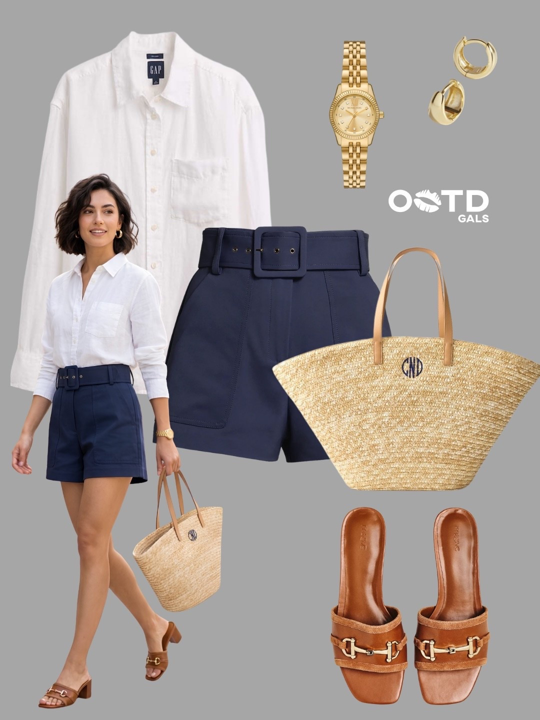 Classic navy and white always deliver an effortlessly polished summer look 💙

This outfit combines timeless tailoring with coastal-inspired accessories for a style that feels refined, fresh, and easy to wear.

✨ Style Details:
• Crisp white button-down shirt with a relaxed silhouette
• Navy high-waisted tailored shorts with a statement belt detail
• Natural woven tote bag with tan leather handles
• Cognac heeled slide sandals with gold hardware accents
• Gold hoop earrings and a coordinating gold watch
• Rich navy and warm tan tones that create a sophisticated contrast

The structured shorts paired with the breezy white shirt strike the perfect balance between casual and elevated, while the woven tote adds a touch of resort-inspired charm.

Perfect for vacation sightseeing, lunch dates, coastal getaways, weekend outings, shopping days, casual office settings, or warm-weather travel.

#LTKeurope #LTKsummer #LTKworkwear