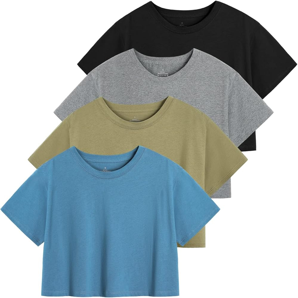 Xelky Womens Crop Casual Tops Tshirt Cotton Loose Workout Short Sleeve Round Neck Tee Yoga Runnin... | Amazon (US)
