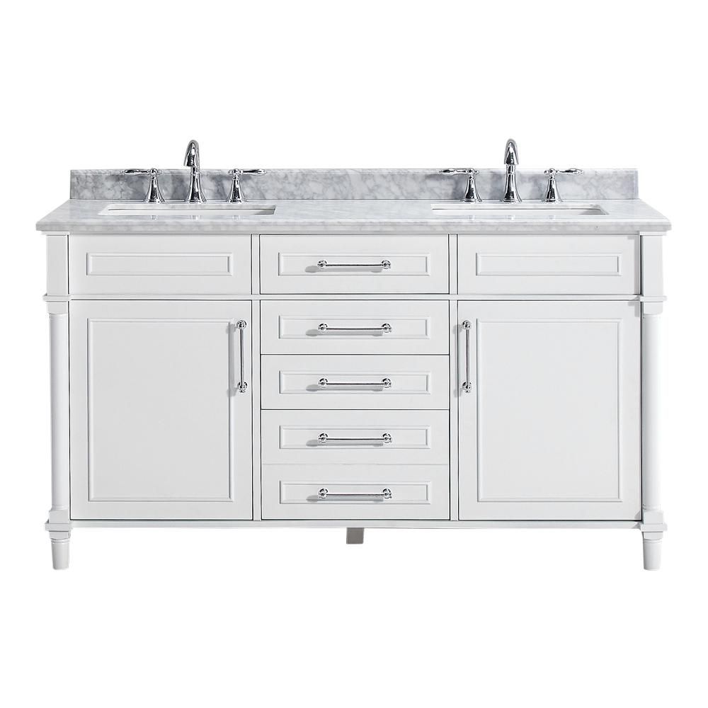 Home Decorators Collection Aberdeen 60 in. W Double Vanity in White with Carrara Marble Top with Whi | The Home Depot