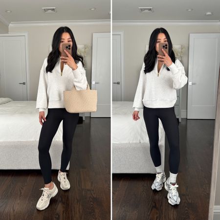 One of the more petite friendly Varley sweatshirts I’ve found and trying on 2 New Balance sneaker styles 

• Varley Davidson half zip in ivory marl xxs - one of their shorter lengths has drop shoulders and a relaxed fit . I used code VARLEY10 for 10% off and exchanged this color for Pine Bark 

• Abercrombie YPB leggings xs short 

• New balance 530s 5.5 - I love these! It’s your classic “dad sneaker” with great cushioning and comfort, and could go from actual workouts to athleisure outfits. 

Size wise I kept the 5.5, but they feel a tad big. there’s extra room so I should be able to do a women’s 5.

• New Balance 9060s 5.5 - the shoe feels comfy, but note that the soles are truly chunky and wider set at the base. These feel TTS and a women’s 5.5 or kids 4 fits me. I didn’t keep these but love the look on others 

• Naghedi St. Barth’s tote 

#petite spring travel athleisure outfits 

#LTKtravel #LTKActive #LTKSeasonal