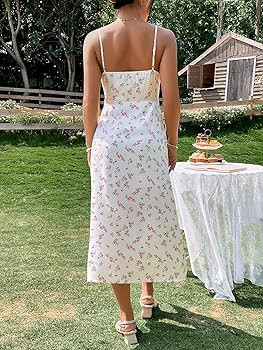 WDIRARA Women's Ditsy Floral Print Ruched Tie Slit Spaghetti Strap Midi A Line Cami Dress | Amazon (US)