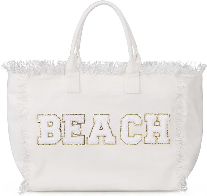 Ineowelly Beach Bags for Women, Large Canvas Tote Bag with Zipper Chenille Letter, Beach Totes Ba... | Amazon (US)