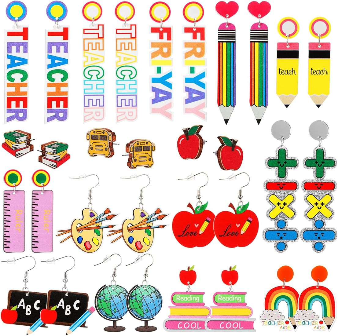 Junkin 16 Pairs Teacher Earrings for Women Bulk Funny Colorful Teacher Earrings Creative Teachers... | Amazon (US)