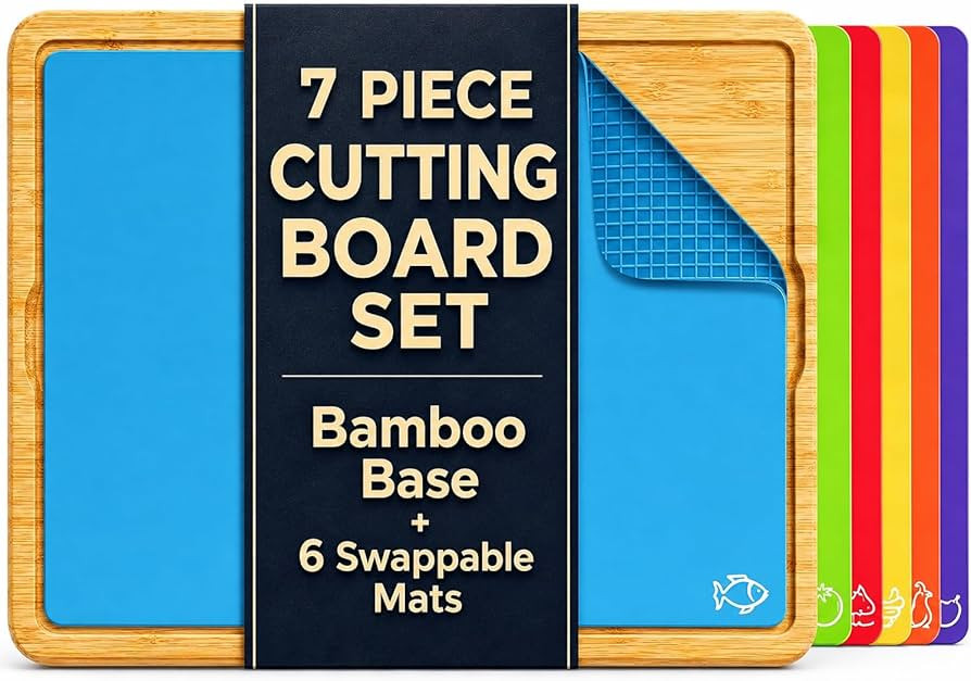 Bamboo Cutting Board Set with 6 Color Coded Flexible Mats Food Icons, BPA-Free Non Slip Easy Clea... | Amazon (US)