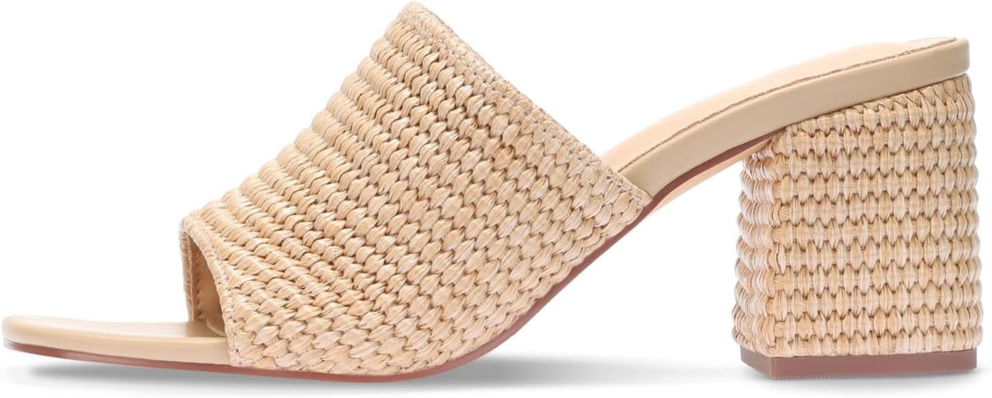 Monrovia Raffia Heels for Women, Square Open Toe Woven Slip On Sandals with Block Wedge Heel - Ca... | Amazon (US)