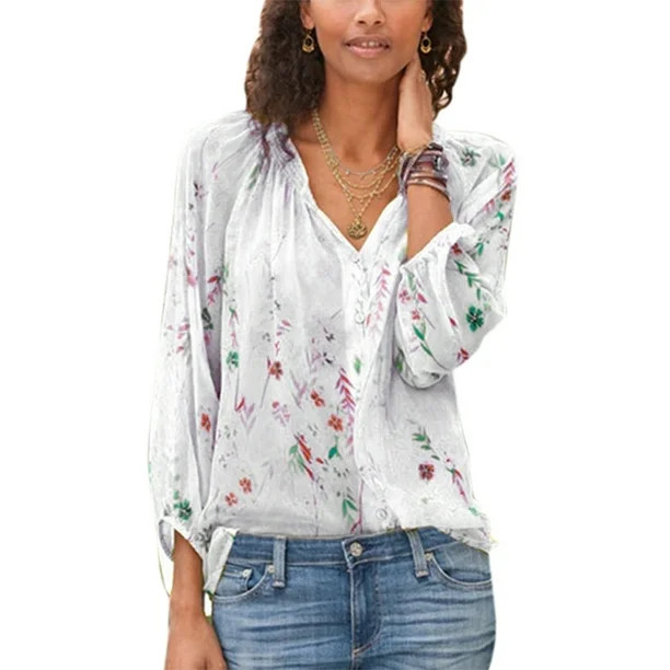 Women's Floral 3/4 Sleeve Plus Size V Neck Casual Beach Peasant Tops - Walmart.com | Walmart (US)