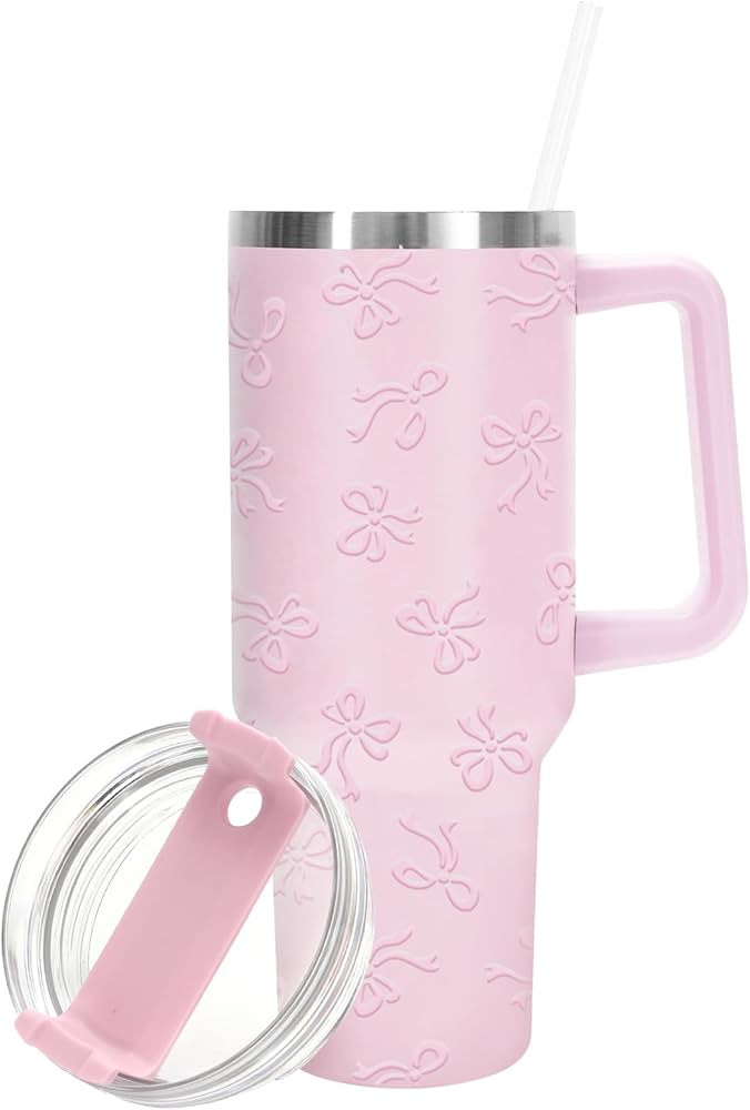 Pink Bow Tumbler with Lid and Straw 40 Oz 5D Ribbon Bow Printed Tumbler with Handle Pink Stainles... | Amazon (US)