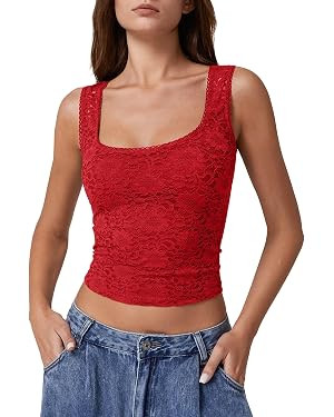 QINSEN Women's Lace Trim Square Neck Sleeveless Double-Layer Tank Top | Amazon (US)