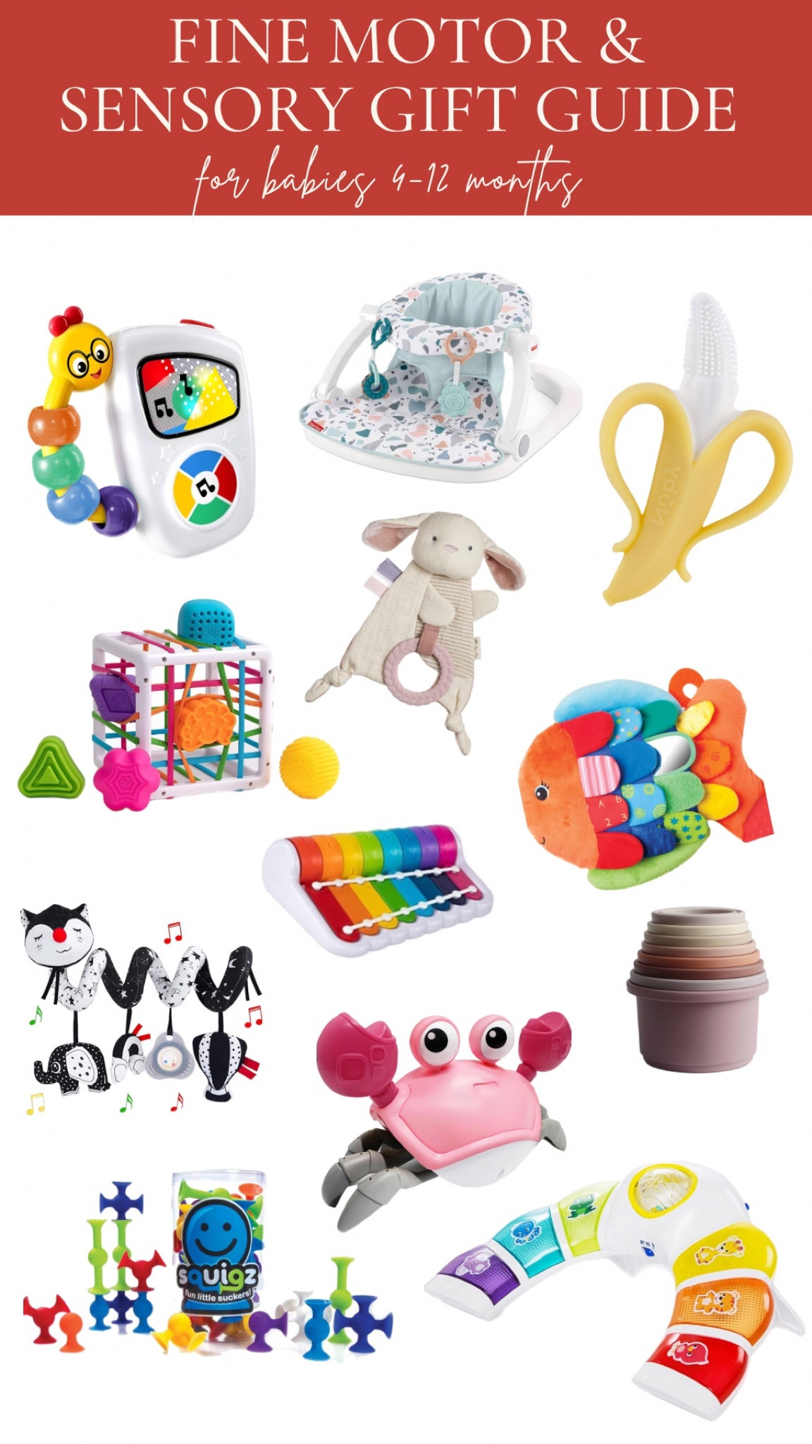 As an occupational therapist and a mother, I find fine motor and sensory toys/activities so important in our babies lives! Fine motor skills are essential for children to reach, grasp, and manipulate objects in their hands. Their fine motor skills develop as their whole body starts to move and become more stable. They also learn to do more things with their hands as their cognitive and social/emotional skills improve! The ability to use fine motor skills requires coordination, dexterity, and synchronization that young children need activities ranging from eating finger foods to playing with hand-held toys.

When it comes to gifting, I try to focus my attention on purposeful gifts our kids can use that are fun but also help with their development! 

Here are a few of the toys I will be getting Nellie this year…from sensory toys to fine motor put it tasks that she can grow with. 

#LTKbaby #LTKGiftGuide #LTKfamily