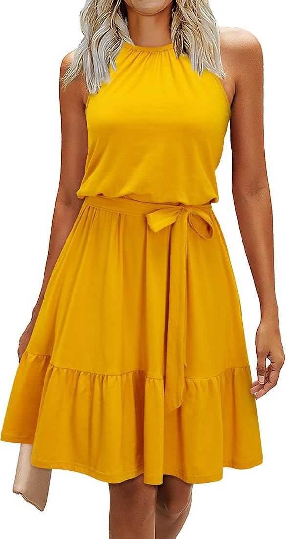 Newshows Women's 2023 Summer Halter Floral Beach Hawaiian Dresses Boho Casual Sleeveless Ruffle S... | Amazon (US)