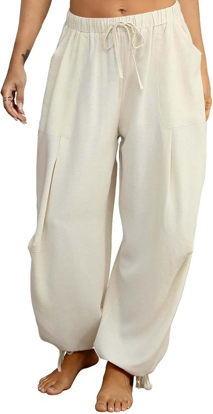 Women's Linen Balloon Barrel Beach Pants Boho Harem Flowy Drawstring Casual Loose Pants with Pock... | Amazon (US)