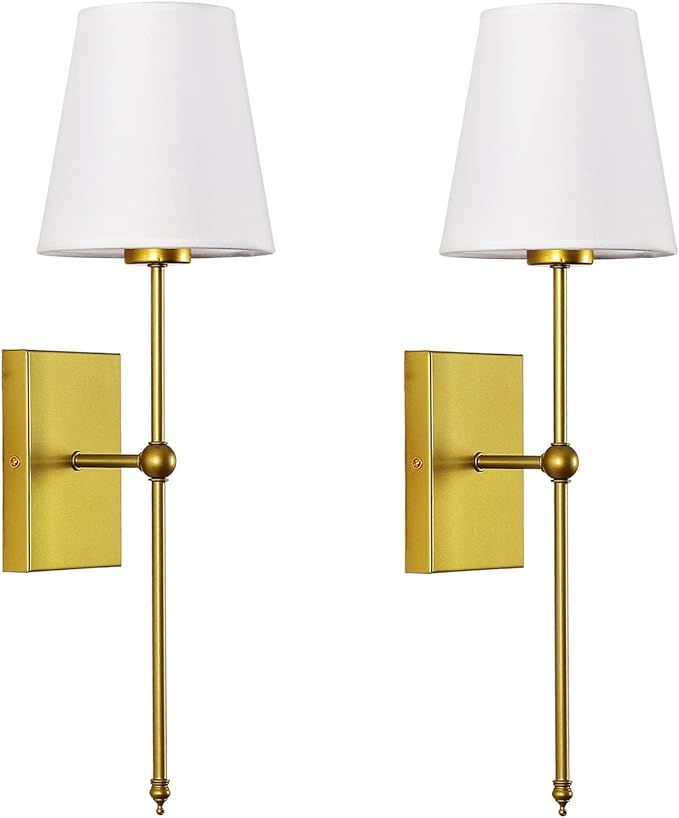 Set of 2 Slim Wall Sconces with White Fabric Shade, Gold Base Indoor Wall Light Fixtures for Bedr... | Amazon (US)