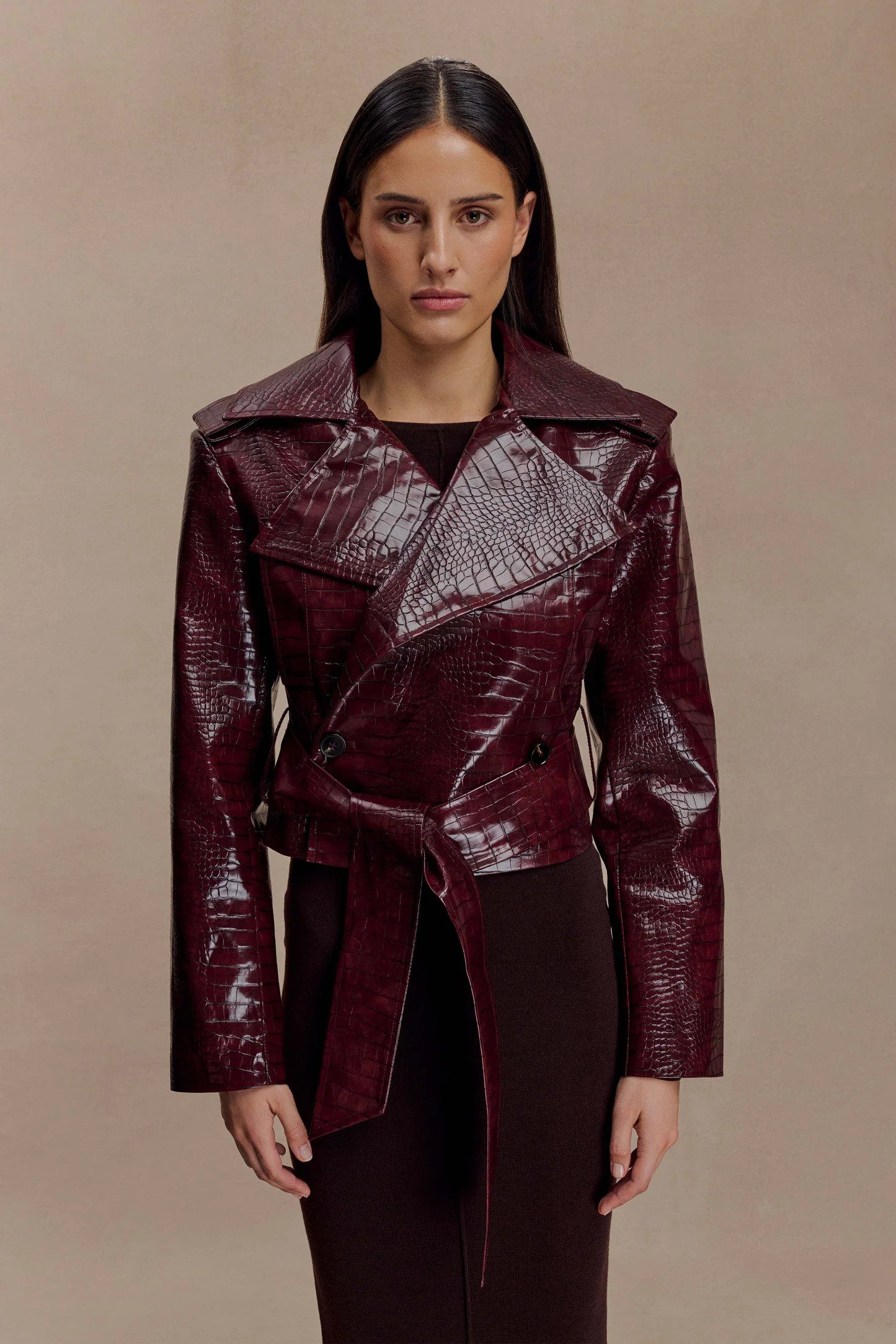 Archie Croc Faux Leather Cropped Jacket - Burgundy | MESHKI US