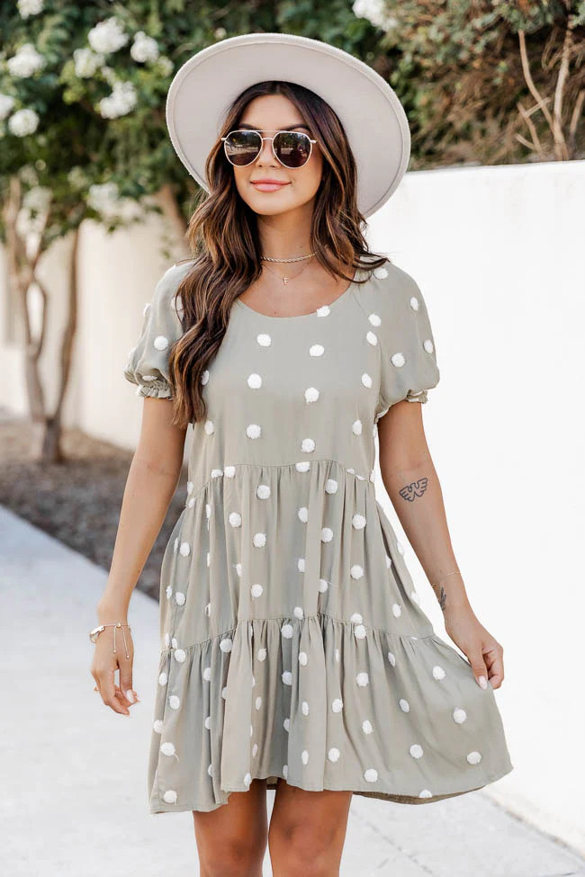 One Last Look Sage Pom Babydoll Mini Dress FINAL SALE | Pink Lily