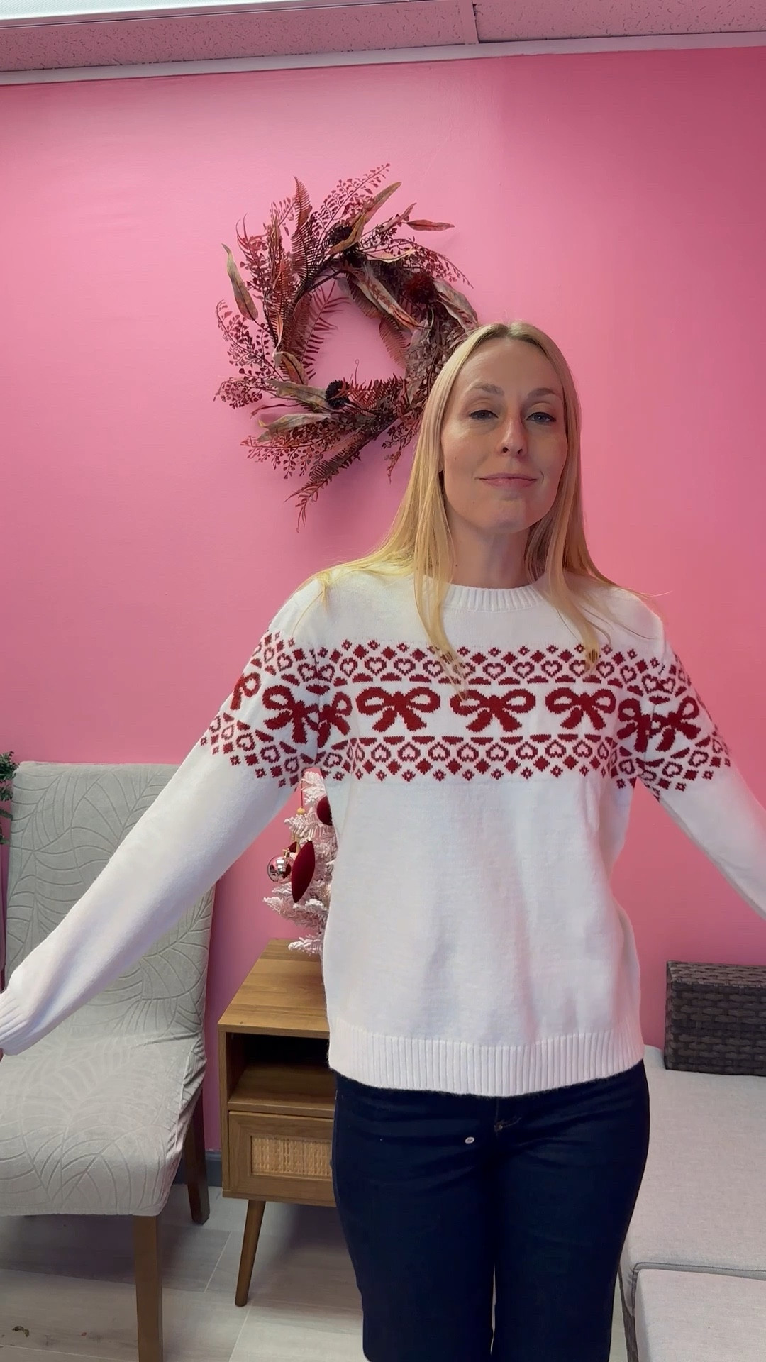 Cozy Christmas sweater 
❤️ it has the prettiest print along the top 
❤️ it is oversized fit and soft and warm
❤️ I am wearing size small, fits true to size, I am 5’10”

#LTKTall #LTKFindsUnder50 #LTKHoliday