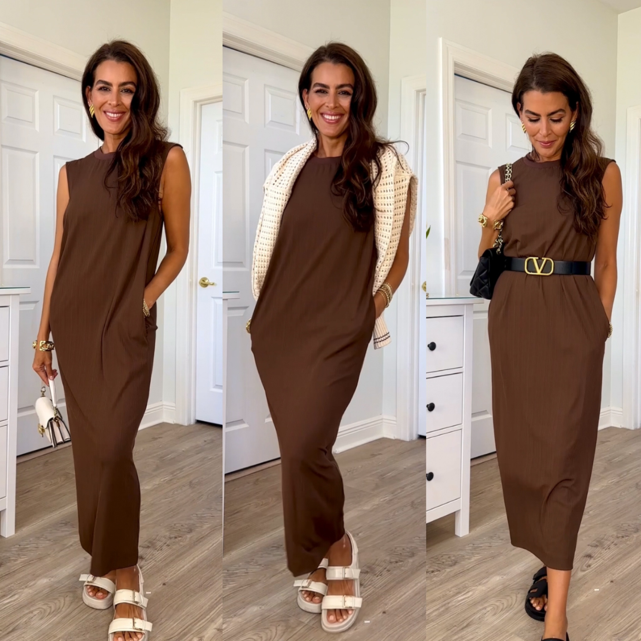 Wearing a size S in dress. Runs oversized. Size M in cardigan. Perfect fall colors! Shoes are tts. Valentino belt is reversible black/brown and is 1.7 
Lipstick is 320 Hush hush 
I’m 5’7” 126 pounds 

#LTKOver40 #LTKNYFW #LTKSeasonal