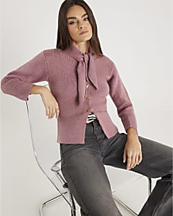 Pink Knitted Tie Neck Cardigan | River Island UK & IE
