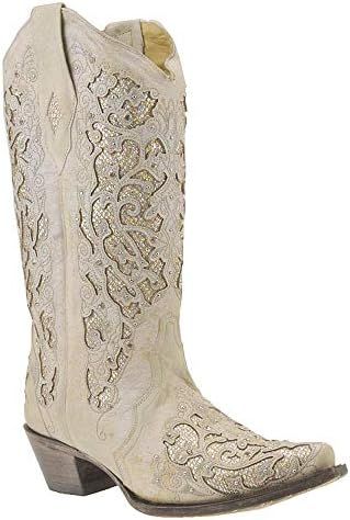 Corral Women's White Glitter Inlay & Crystals White Cowgirl Boots, | Amazon (US)