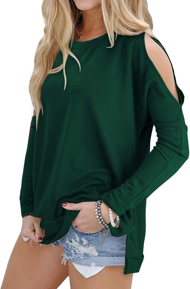 OUGES Women's Cutout Cold Shoulder Long Sleeve T-Shirt Tunic Tops | Amazon (US)