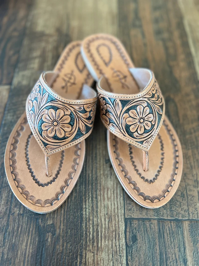 Tooled leather flip flops | Etsy (US)