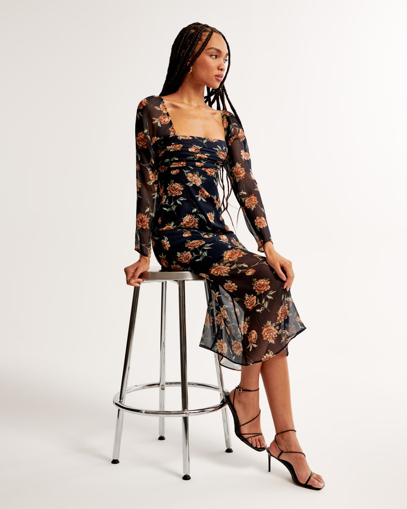 Emerson Chiffon Long-Sleeve Midi Dress | Abercrombie & Fitch (US)