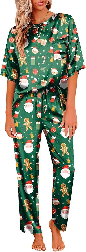 Ekouaer Womens Satin Silky Pajama Set Short Sleeve Shirt with Long Pajama Pant Set Soft PJ Lounge... | Amazon (US)