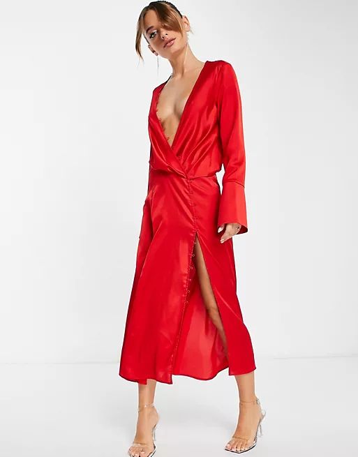 ASOS DESIGN Satin bias cut drape midi dress with button detail in red | ASOS (Global)