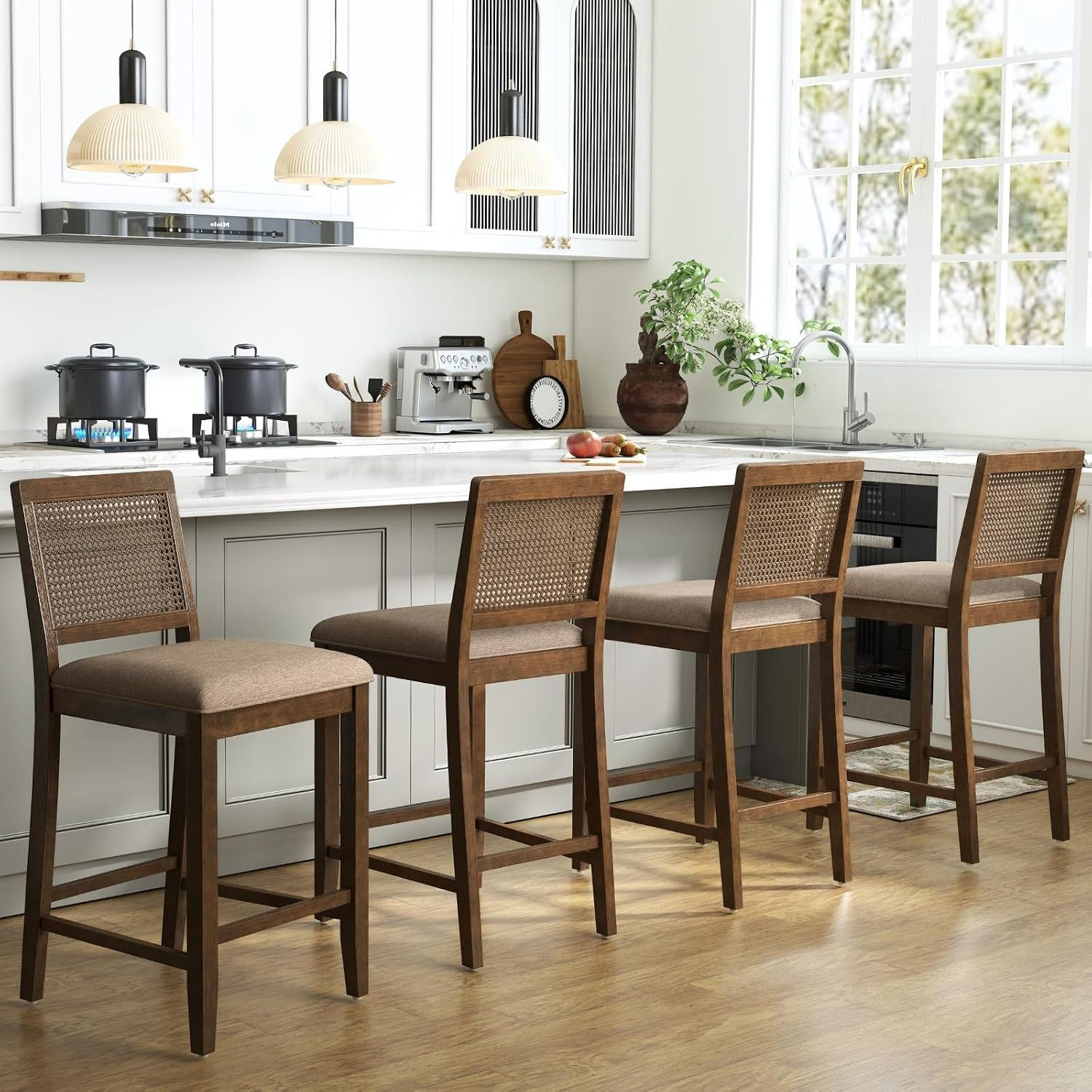 chairus 26" Rattan Bar Stools Set of 4, Farmhouse Chenille Upholstered Counter Height Stools with Cane Woven Back, Mid -Century Modern Wooden Bar Chairs for Kitchen Island, Walnut Brown | Amazon (US)