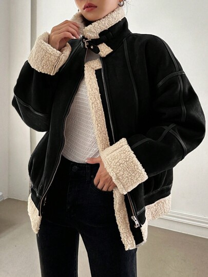 Dazy-Less Sherpa Splicing Stand Collar Suede Jacket | SHEIN