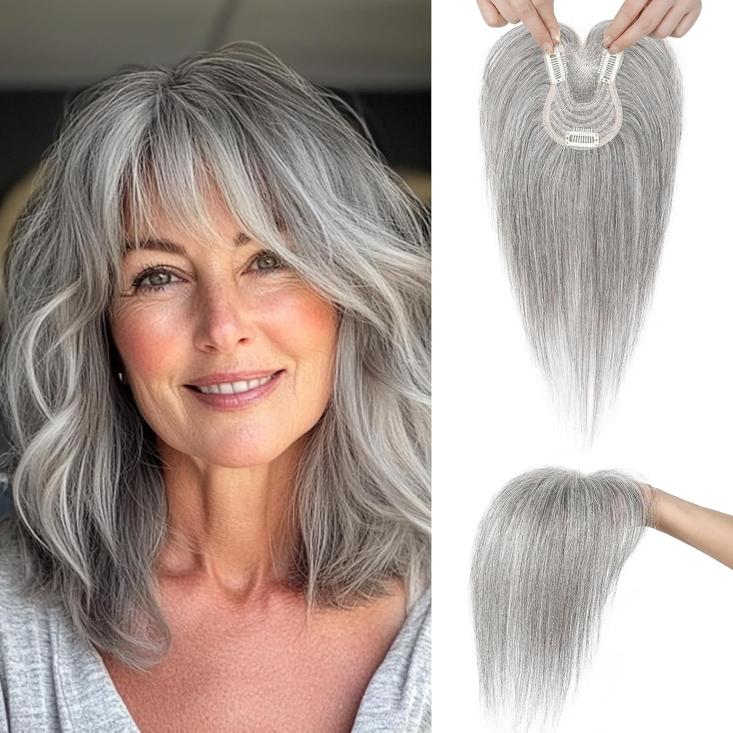 Hair Toppers for Women Real Human Hair, 10" Clip in Bangs Hand-tied Base 1.4 * 2.2inch Natural Realistic with Thinning Hair with Wispy Bangs Light Gray | Amazon (US)