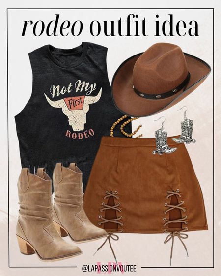 Saddle up in style with this rodeo-ready ensemble! Pair a bold rodeo tank top with a flirty suede mini skirt for a touch of Western flair. Complete the look with cowgirl earrings, a classic cowgirl hat, and rugged western cowgirl boots for a look that's both chic and country-cool.

#LTKstyletip #LTKfindsunder100