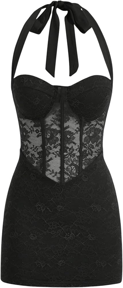 Floerns Women's Sleeveless Contrast Lace Halter Dress Tie Back Party Bodycon Mini Dress | Amazon (US)