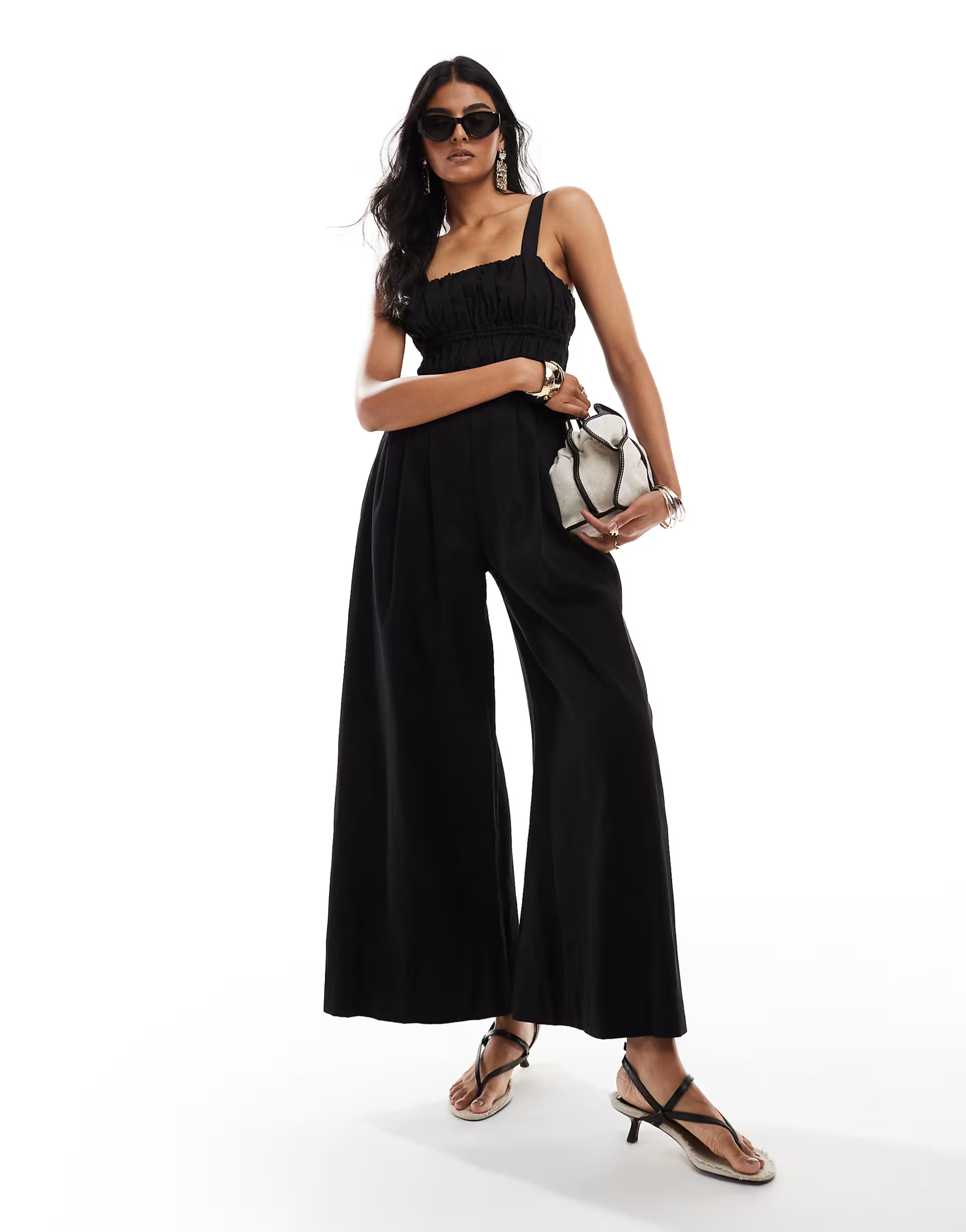 & Other Stories linen blend wide leg jumpsuit with ruche bodice detail and square neckline in bla... | ASOS (Global)