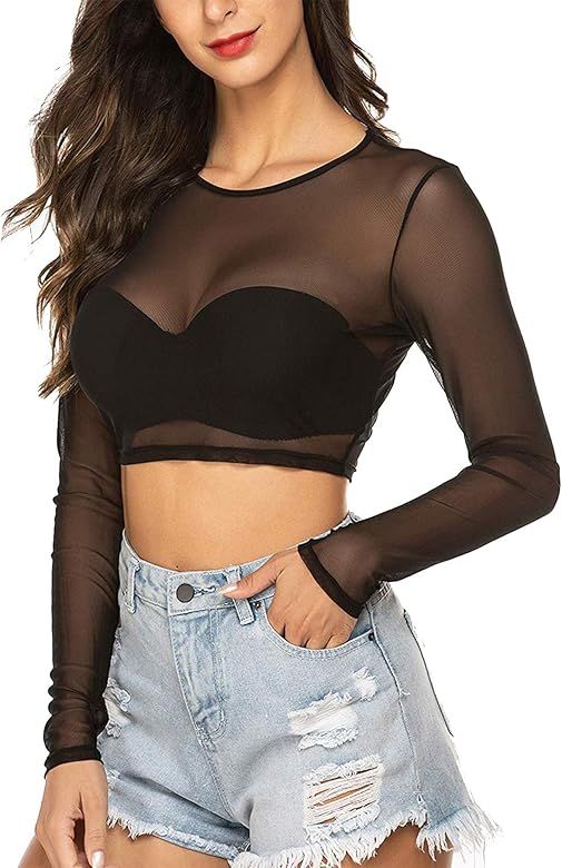 Avidlove Women Mesh Crop Top Long Sleeve See Through Shirt Sheer Blouse S-4XL | Amazon (US)