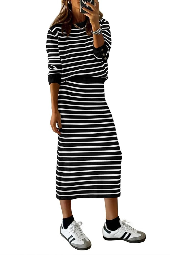 PRETTYGARDEN 2 Piece Skirts Sets For Women Fall Fashion 2025 Striped Sweater Dress Knit Lounge Tr... | Amazon (US)