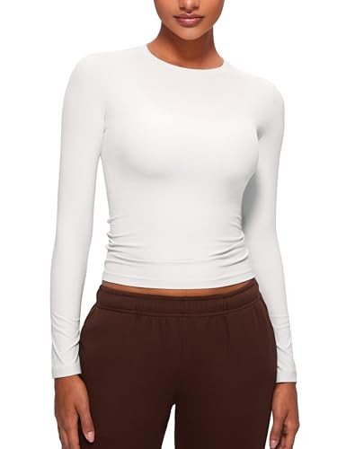 CRZ YOGA Long Sleeve Shirts for Women Soft Crew Neck Fall Basic Tight Tops Fitted Casual Going Out T-Shirts White X-Small | Amazon (US)