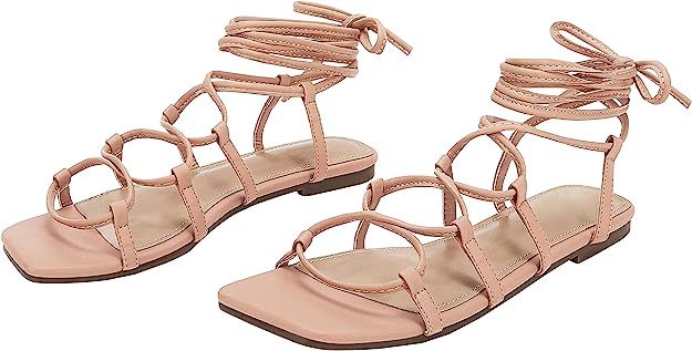 Womens Lace up Square Toes Flat Sandals with Ankle Strap Summer Criss-Cross Gladiator Shoes | Amazon (US)