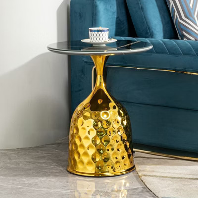 Okak Round Side Table with Iron Round Tray, End Table with Gold Metal Hammer Pattern Pedestal, Small Table for Sofa Side, Table Side, Bed Side, Gold | Target