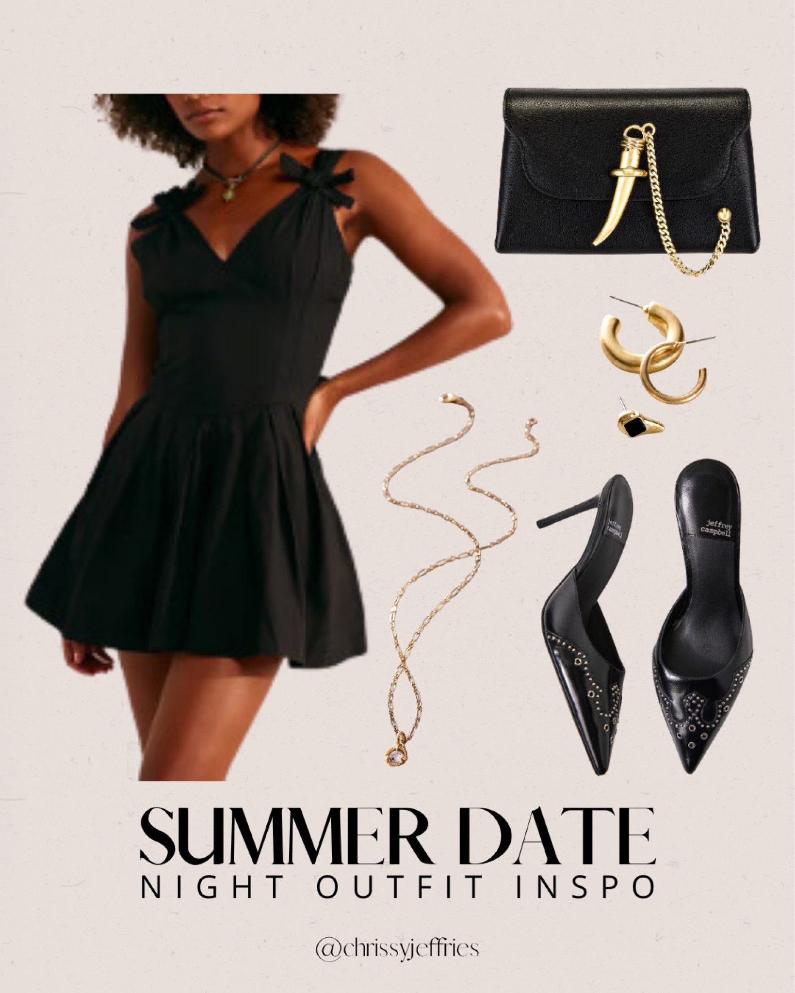et ready to turn heads on your summer date night with this stunning outfit! Featuring a little black dress with delicate bow straps, this look is both elegant and flirty. Pair it with stylish pointed-toe mules, a chic black clutch adorned with a gold dagger detail, and gold jewelry for an edgy twist. The minimal yet striking accessories complete the ensemble, making you the center of attention. Perfect for a romantic dinner or a night out in the city. 

#DateNightOutfit #SummerFashion #ChicStyle #FashionInspo #ElegantAndEdgy


#LTKpartywear #LTKshoes #LTKsummer