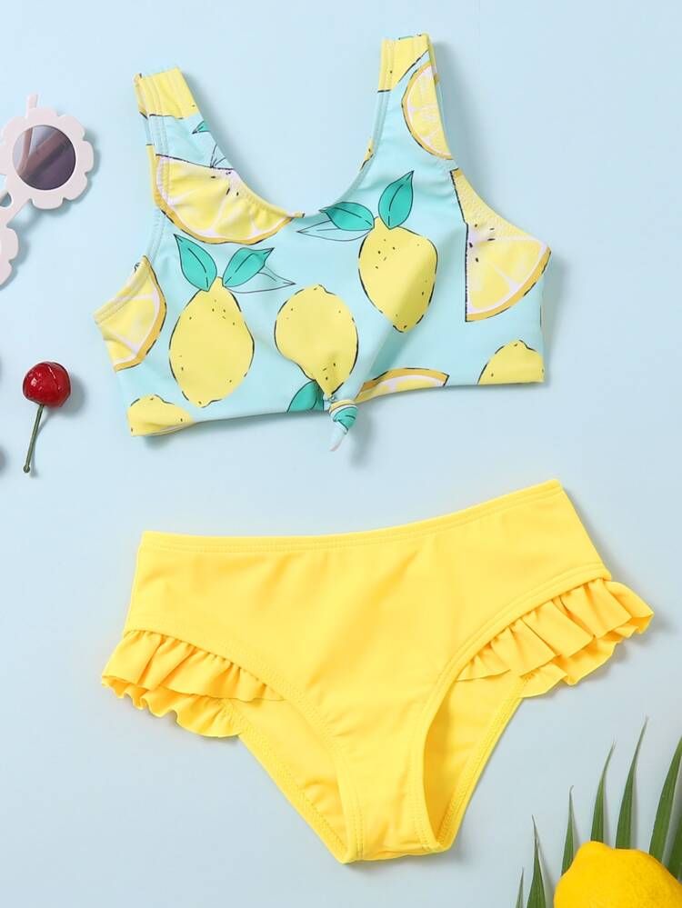Toddler Girls Lemon Print Ruffle Bikini Swimsuit | SHEIN
