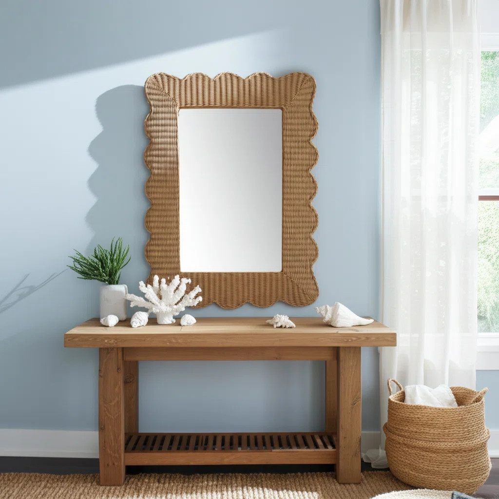 Mirror Woven Wicker Scalloped Edge Coastal Casual Wall Decor For Home Office Bedroom Living Room ... | Wayfair North America