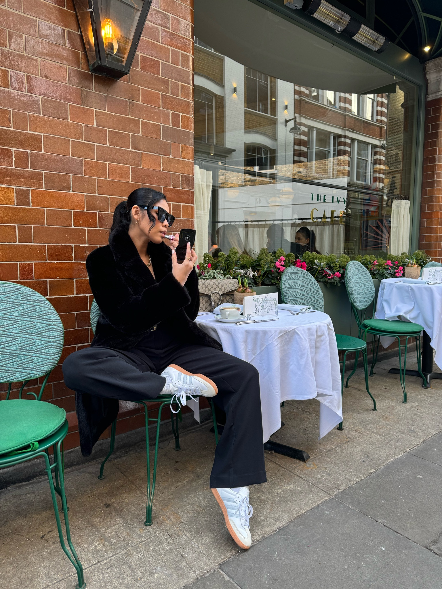 faux fur coat and sambas