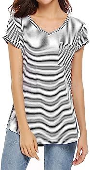 Women Casual Loose Basic Long Sleeve V Neck Striped T-Shirt Tunic Tops Blouse | Amazon (US)