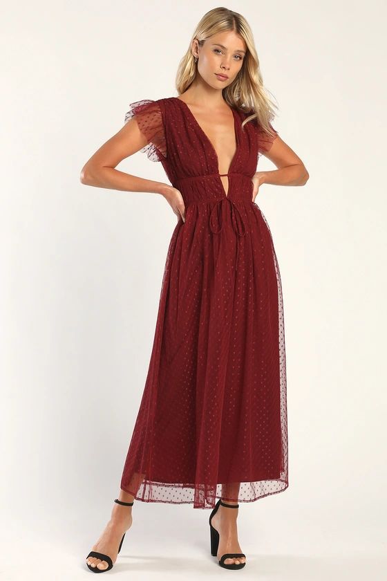 Yours Evermore Burgundy Swiss Dot Ruffled Midi Dress | Lulus (US)