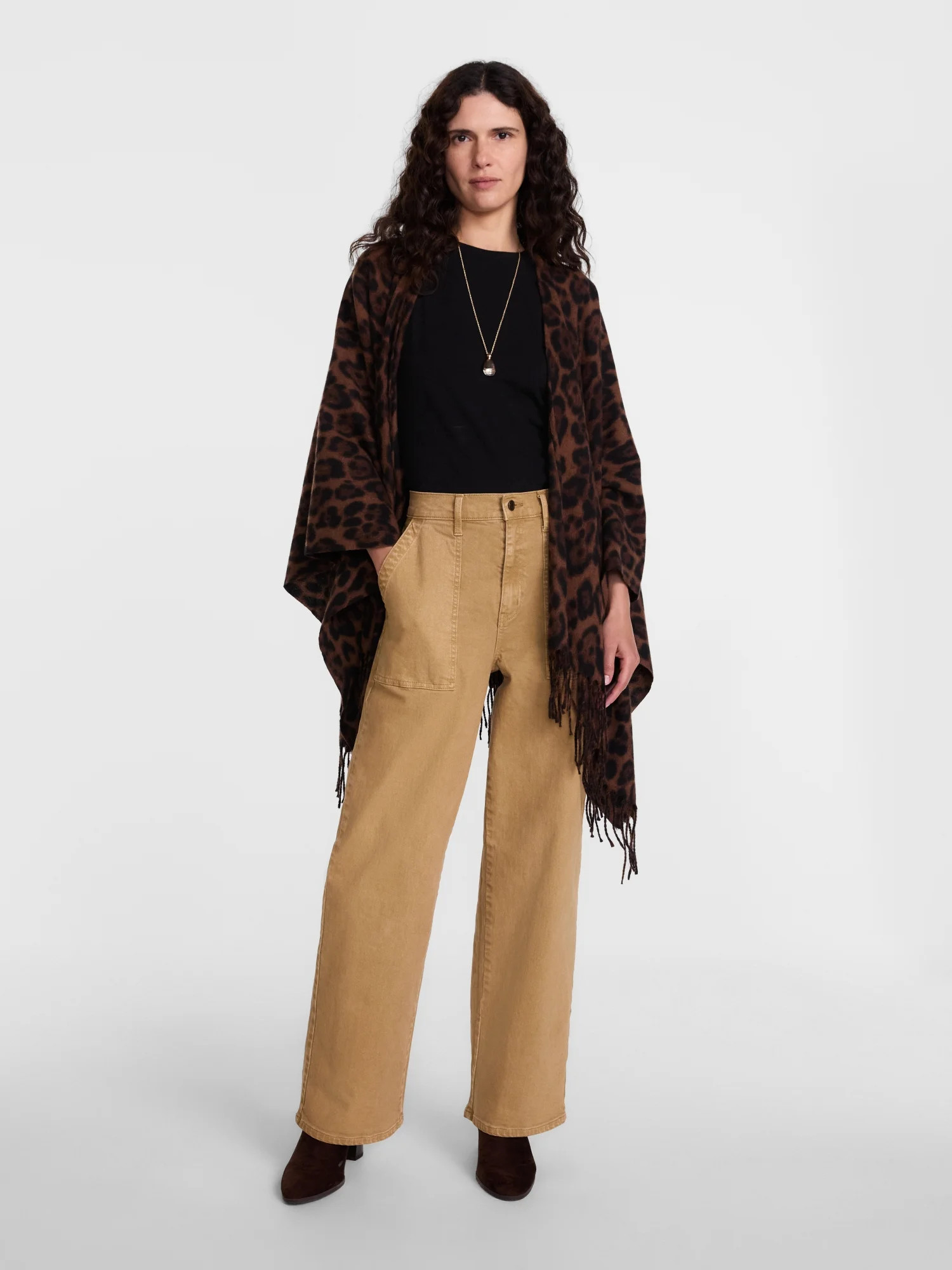 Scenario Women's Fringe Ruana, Mid-weight, Brown Leopard | Walmart (US)