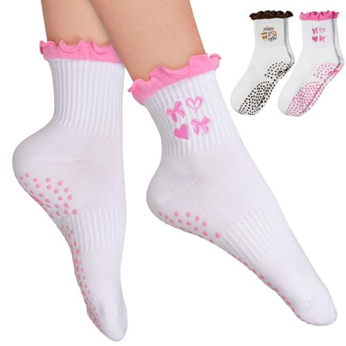 Juedverty 2 Pairs Women's Cute Pilates Ruffle Socks, Grippy Non-Slip Crew Socks with Embroidery for Yoga Barre Workout | Amazon (US)