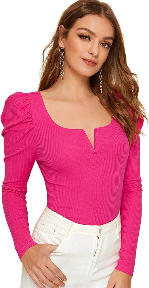 Floerns Women's Notch Neck Puff Sleeve Rib-Knit Tee Blouse Tops | Amazon (US)