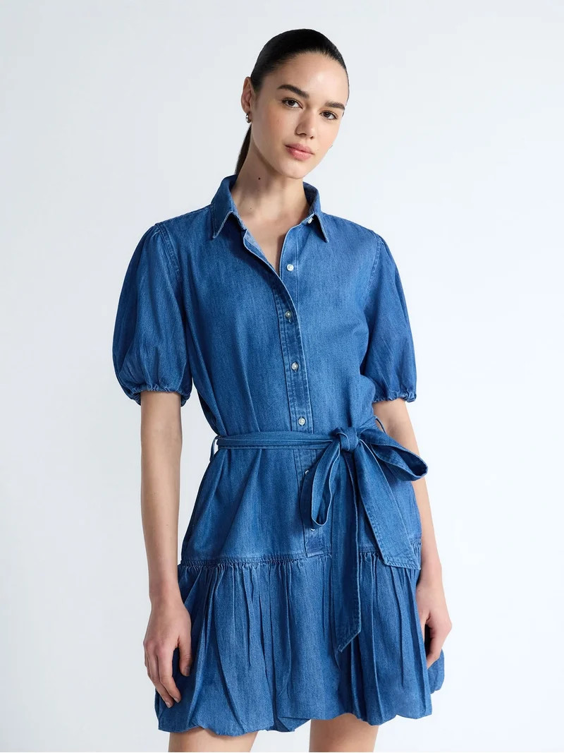 Free Assembly Women's and Women's Plus Denim Mini Dress with Puff Sleeves, Sizes XS-4X | Walmart (US)
