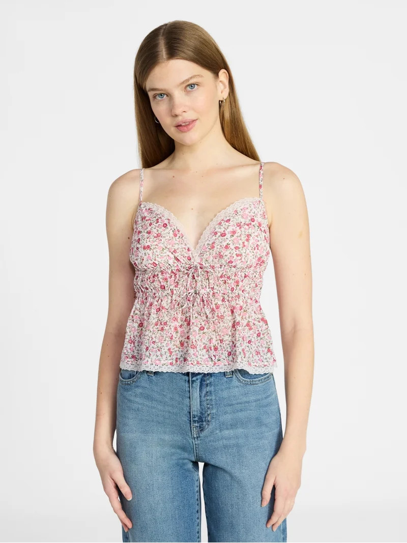 No Boundaries Tie Front Tank Top with Lace Trim, Women's XXS-XXXL | Walmart (US)
