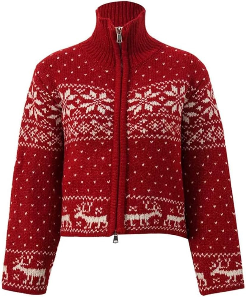 Christmas Retro Women's Fel Island Warm Sweater Short Cardigan, Short Autumn Temperament Long Sle... | Amazon (US)